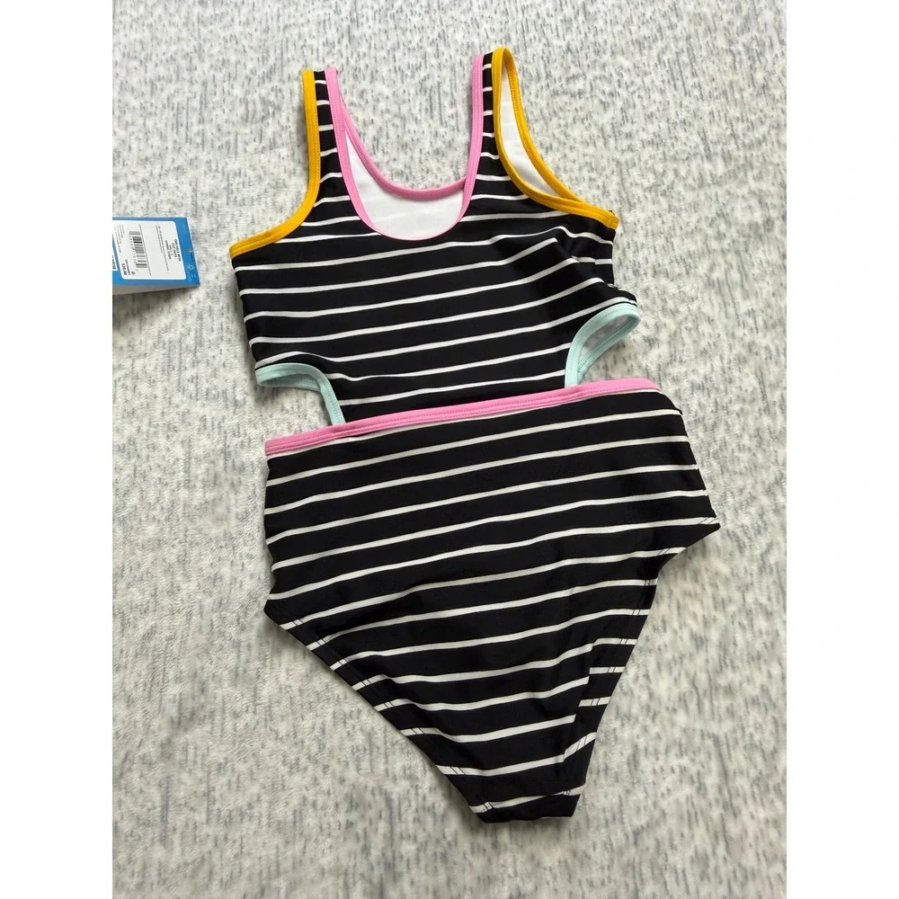 DSG Girls Sanibel Stripe One Piece Swimsuit Cut Outs Black White‎ Size S NEW